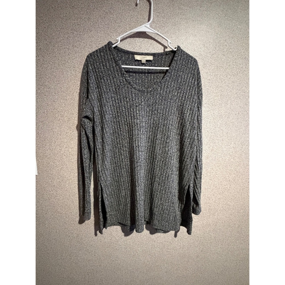 Ann Taylor LOFT Womens Medium Gray Ribbed V-Neck Long Sleeve Side Slit Tunic Top